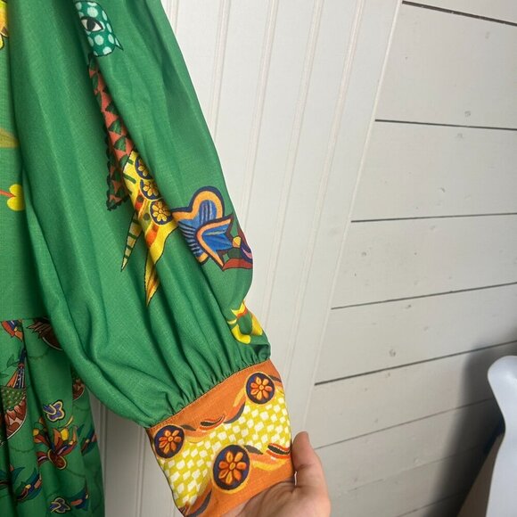 Green Peacock Floral Lantern Sleeve Midi Dress, No Belt K20 - Picture 5 of 8